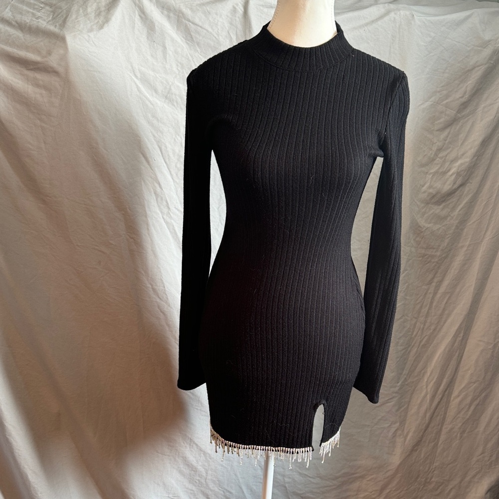Zara Black Ribbed Knit Dress With Rhinestone Embellishment